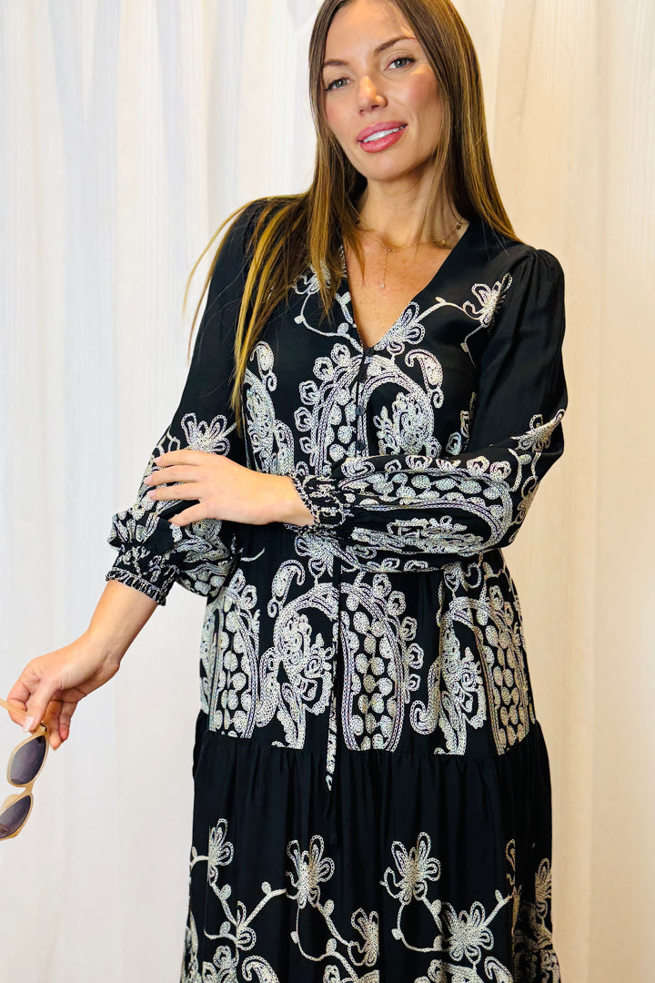 Davina Midi Dress in Black and White Print