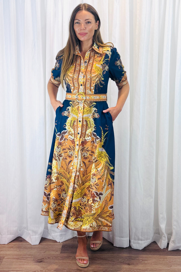 Marilyn Embroidered Print Maxi Dress in Navy.