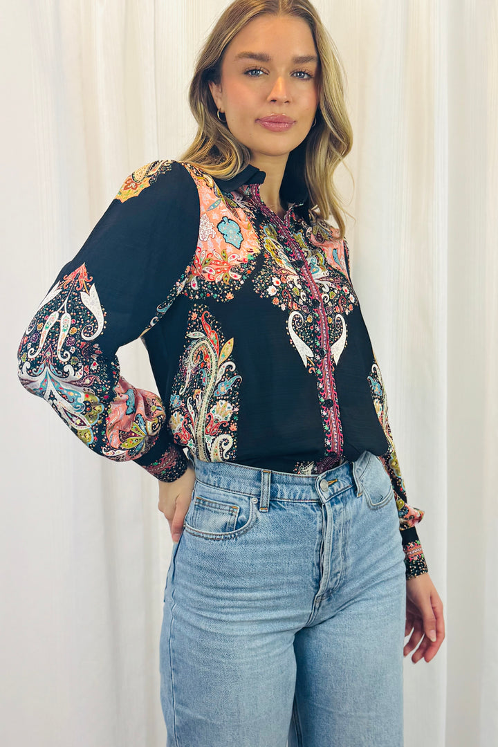 Gidget Embroidered Multi Print Shirt In Black