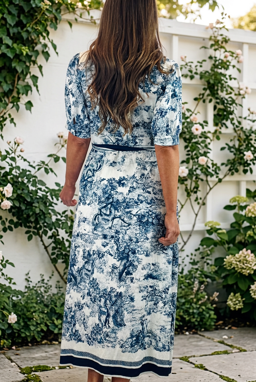 April Blue and Off White Multi Print Short Sleeve Dress