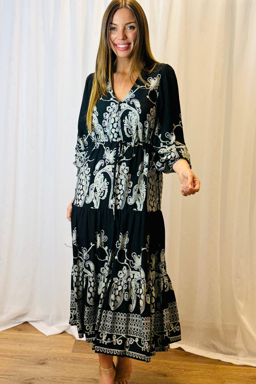 Davina Midi Dress in Black and White Print