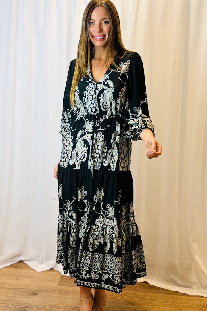 Davina Midi Dress in Black and White Print