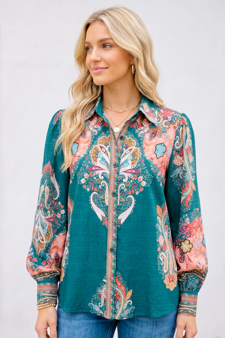 Gidget Embroidered Print  Shirt in Green