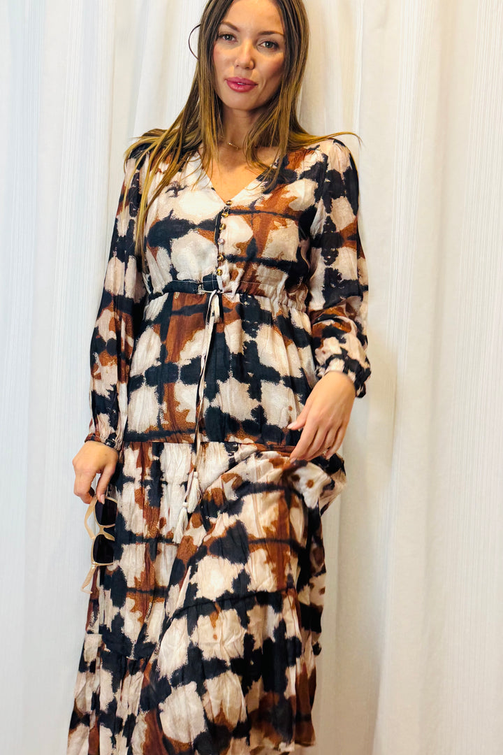 Macey Black and Beige Multi Print Dress