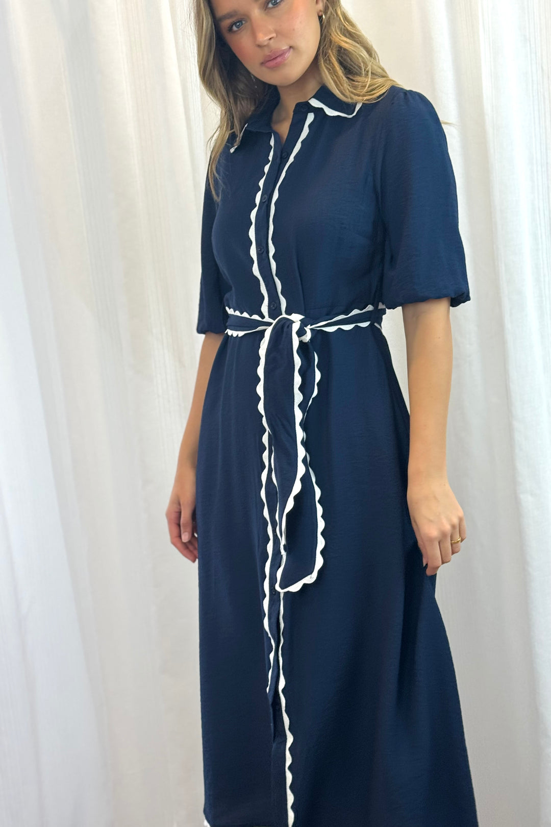 Shyla Dress in Navy with White Trimming