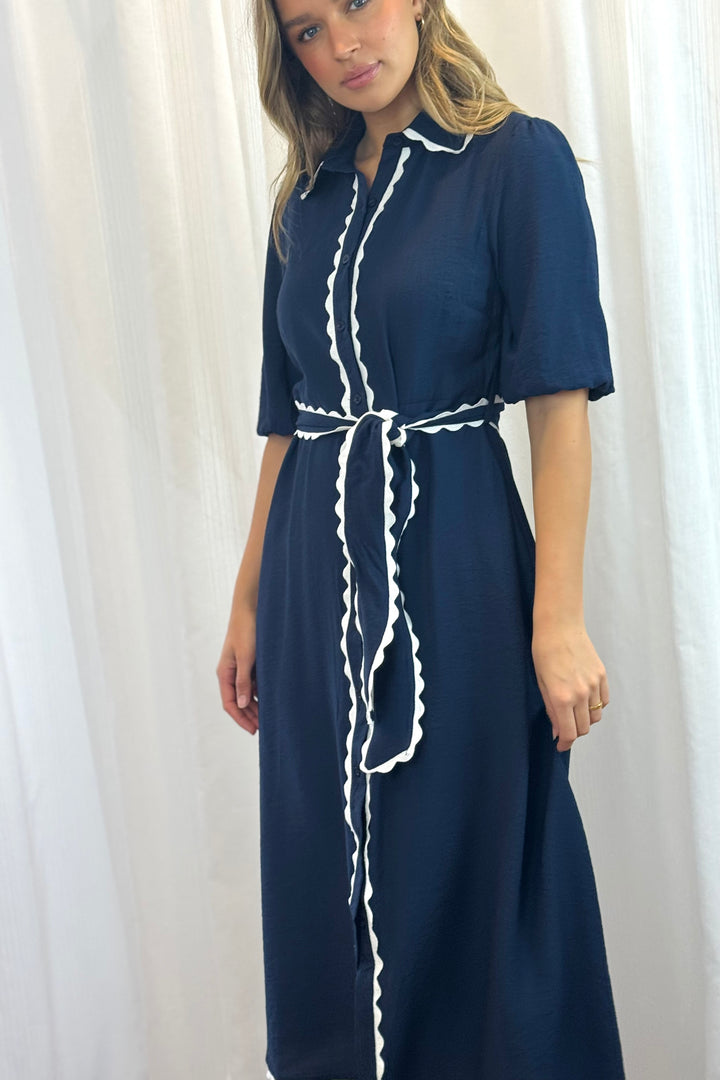Shyla Dress in Navy with White Trimming