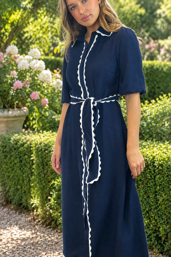Shyla Dress in Navy with White Trimming