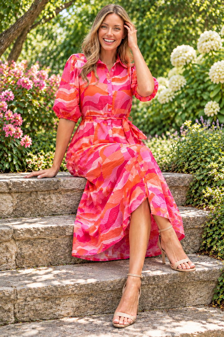 Fallon Shirt Dress In Pink and Orange Multi Print