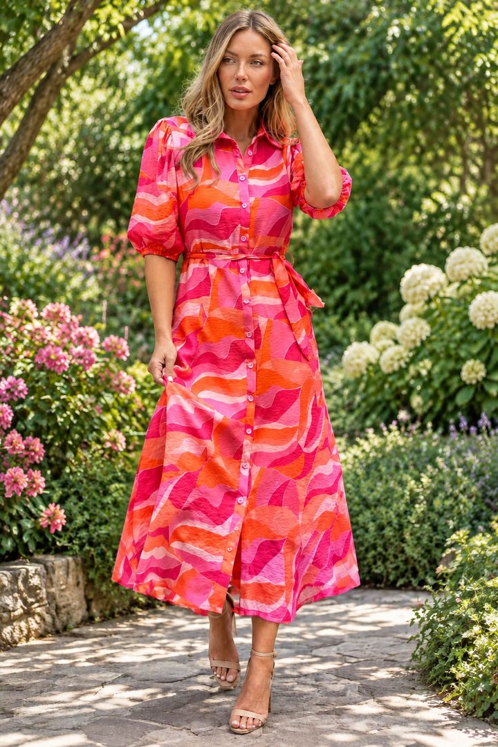 Fallon Shirt Dress In Pink and Orange Multi Print
