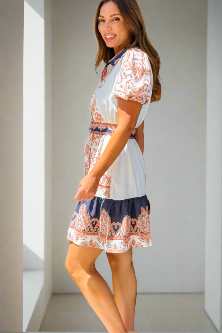 Bonnie Short Sleeve Shirt Dress with Embroidered White and Navy Print