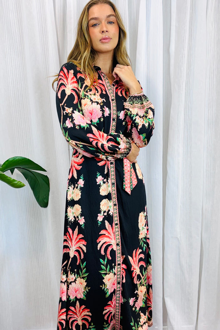 Maddison Palm Print Dress in Long Sleeve