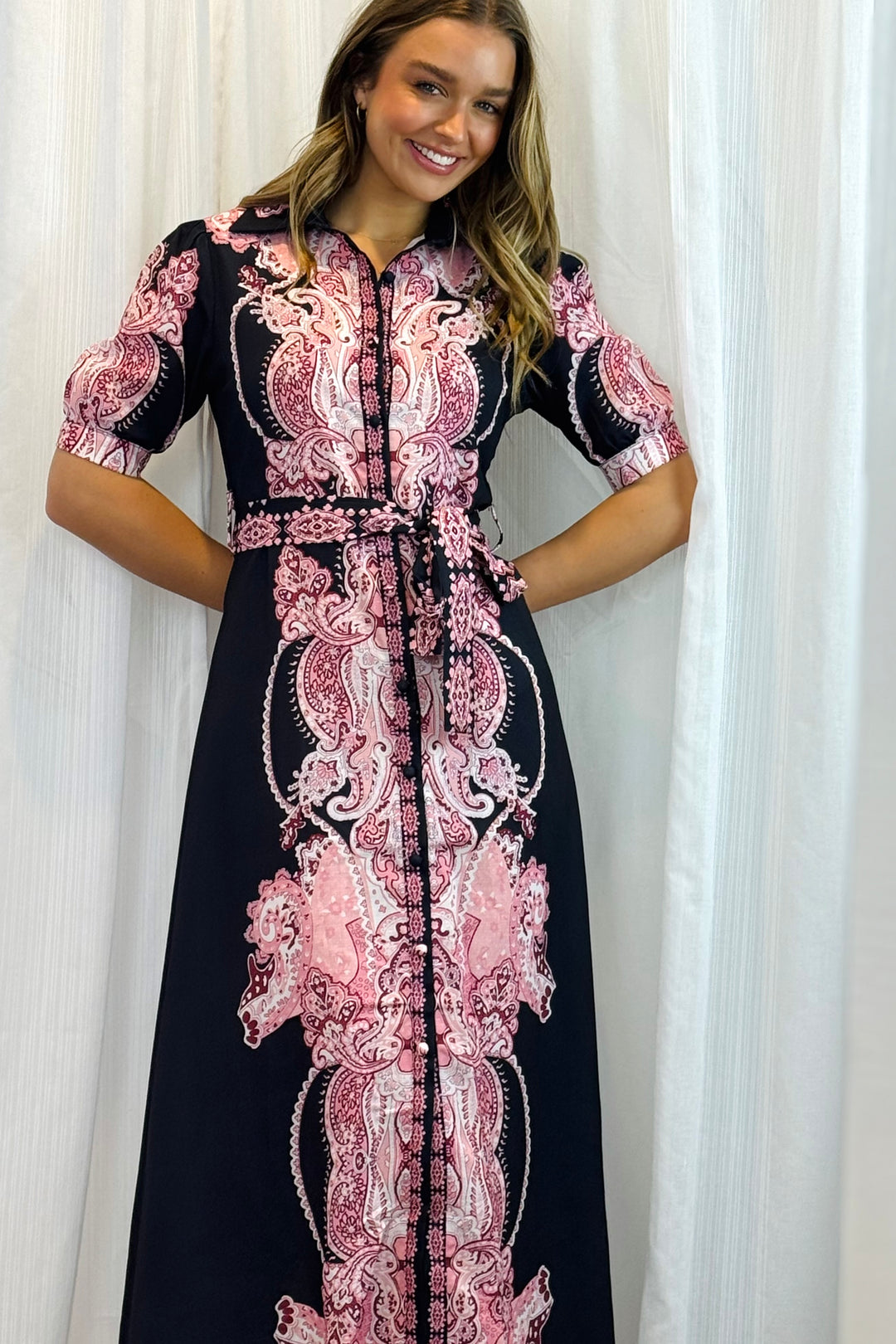 Eden Short Sleeve Dress With Pink Embroidered Print.