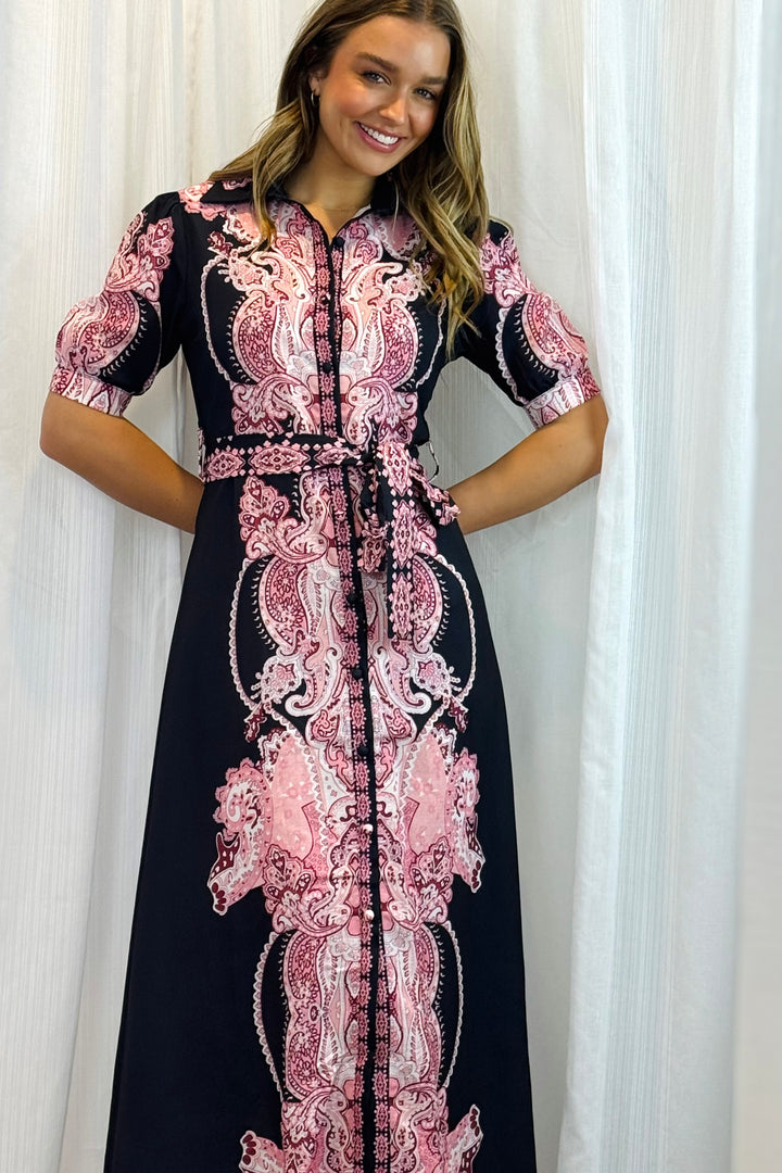 Eden Short Sleeve Dress With Pink Embroidered Print.
