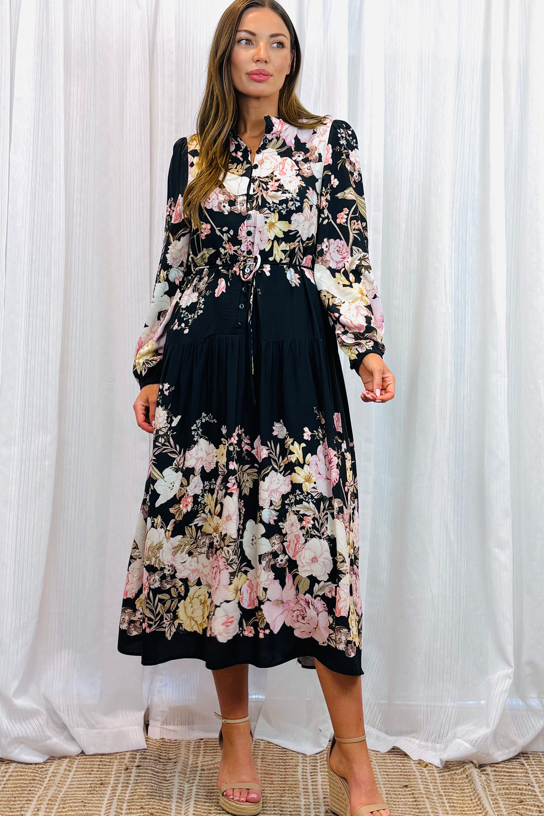 Juliet Floral Multi Print Dress in Black