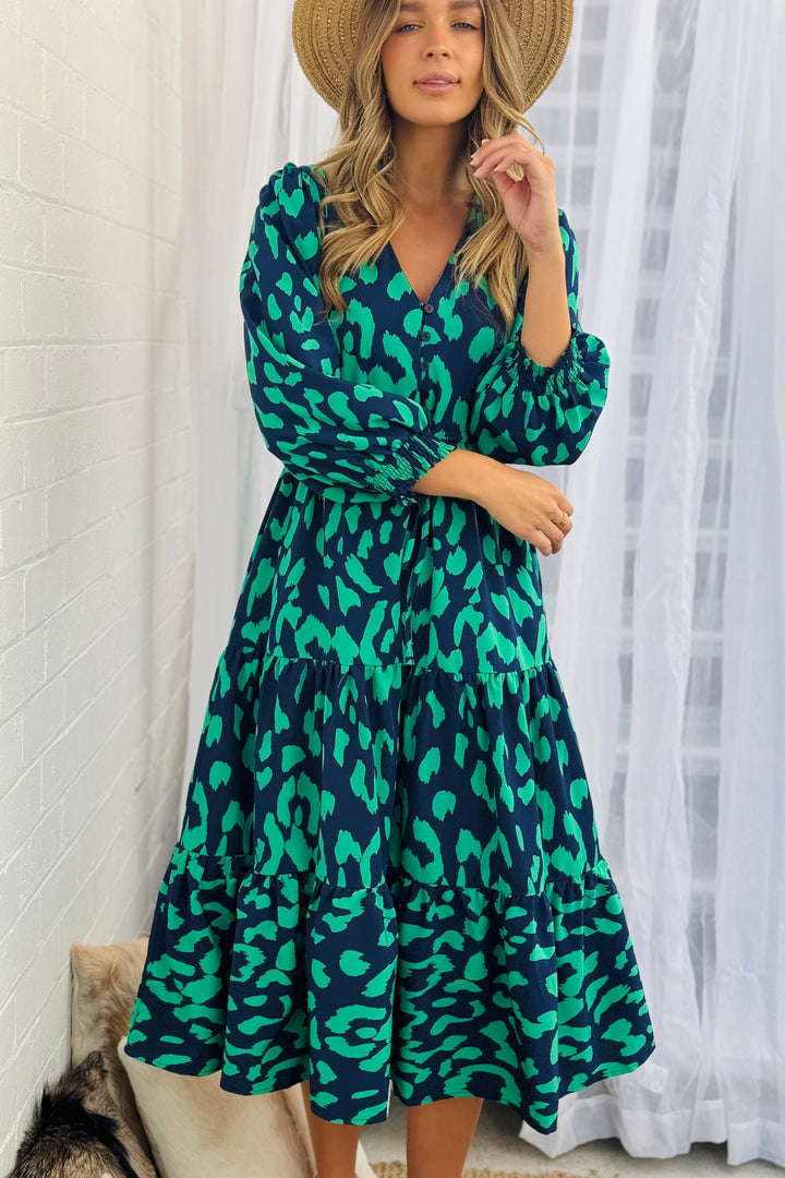 Molli Drawstring Midi Dress in Navy and Green Animal  Print