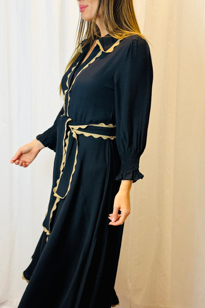 Shyla Midi Dress In Black With Tan Detail