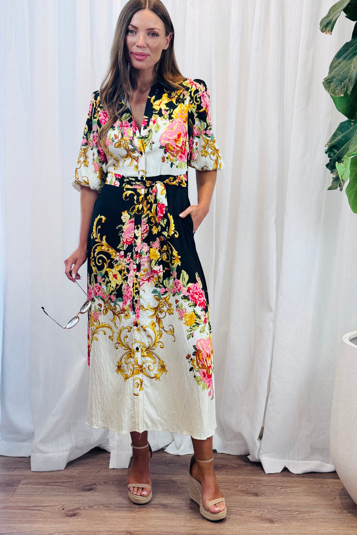 Leila Shirt Dress in Black Multi Print