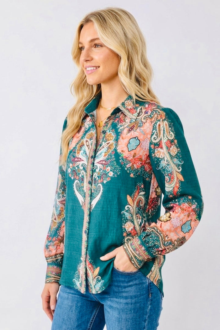 Gidget Embroidered Print  Shirt in Green