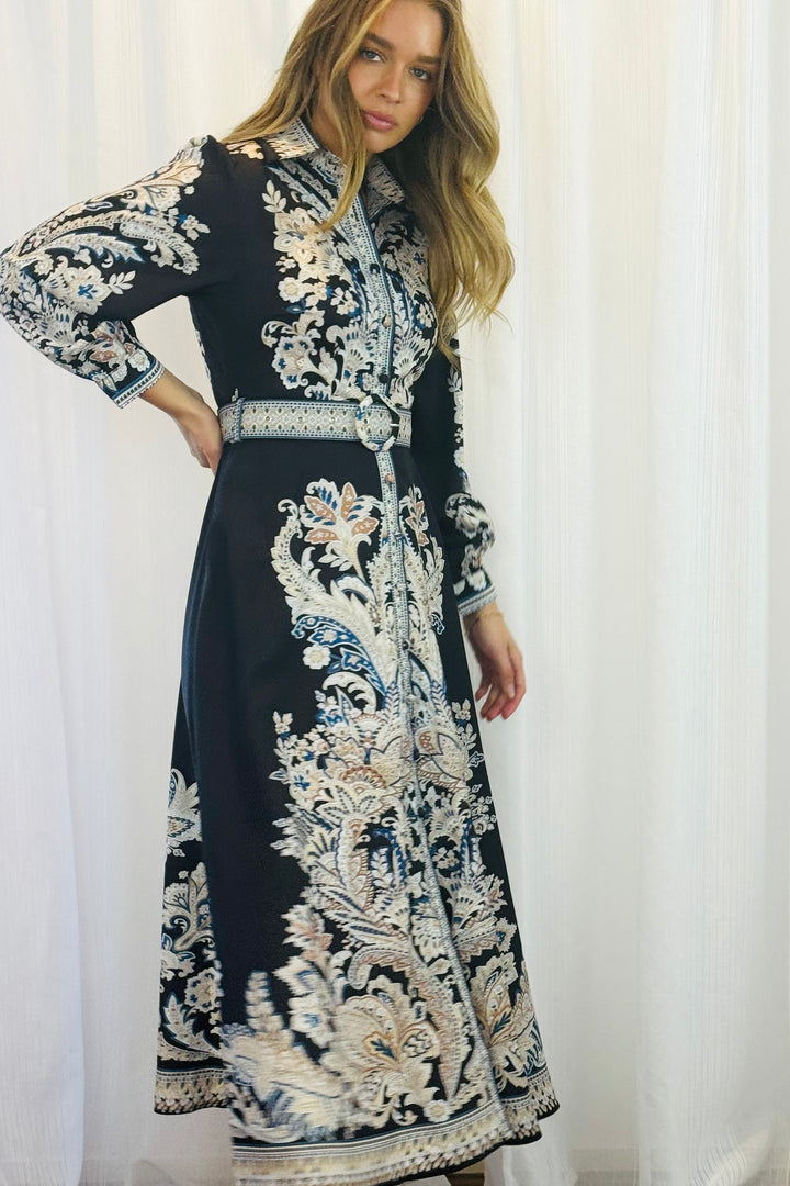 Lopez Embroidered Print Maxi Dress in Black