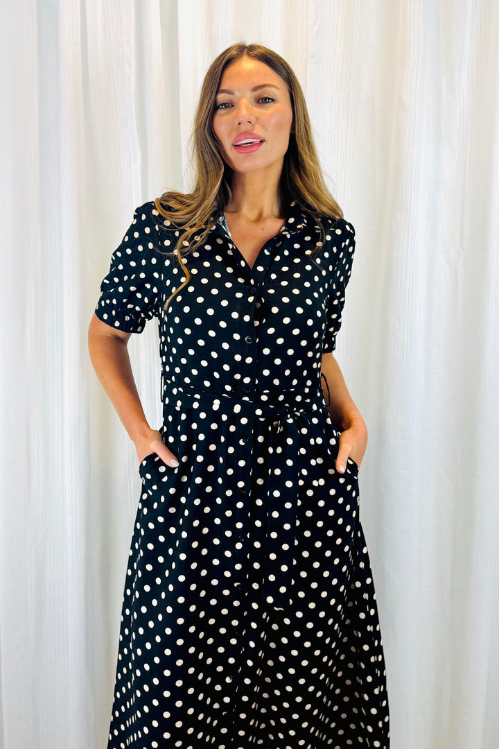 Tamika Black and Beige Polka Dot Dress