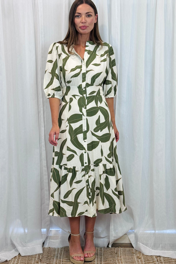 Ivy Dress in Green and Off White Print