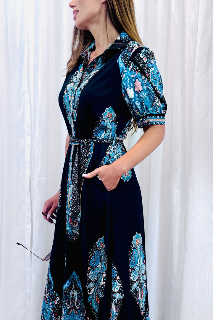 Gidget Shirt Dress in Black and Blue Print