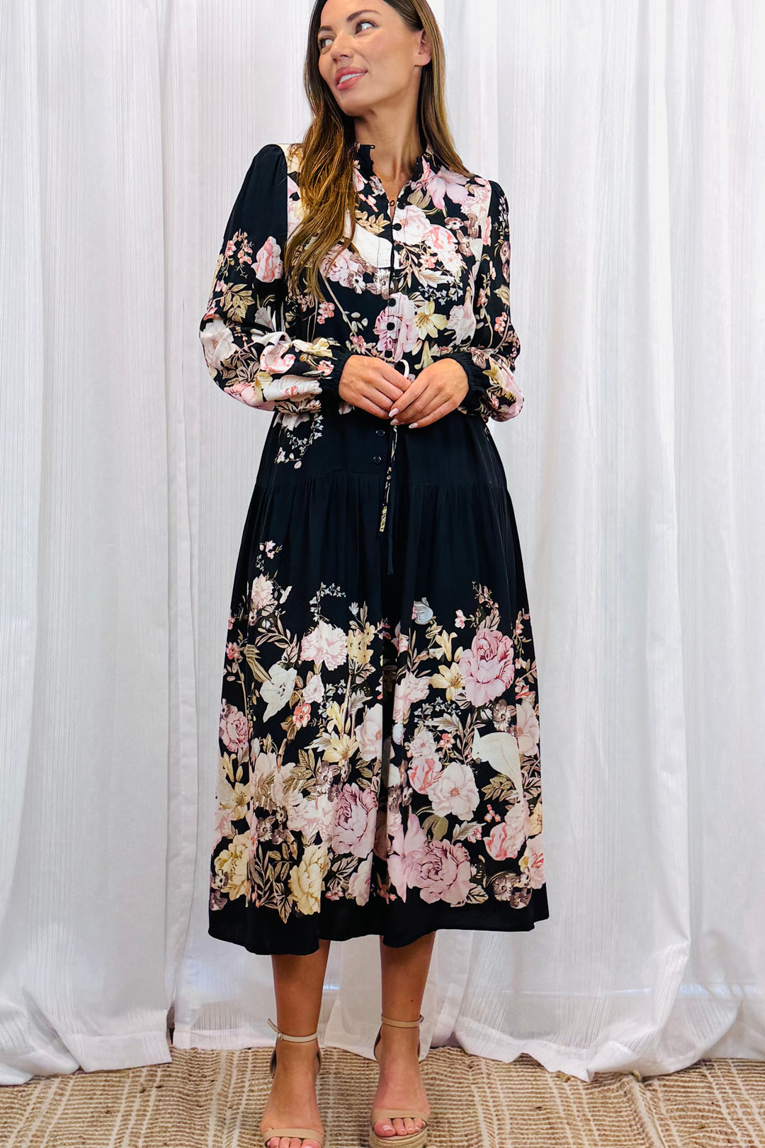 Juliet Floral Multi Print Dress in Black