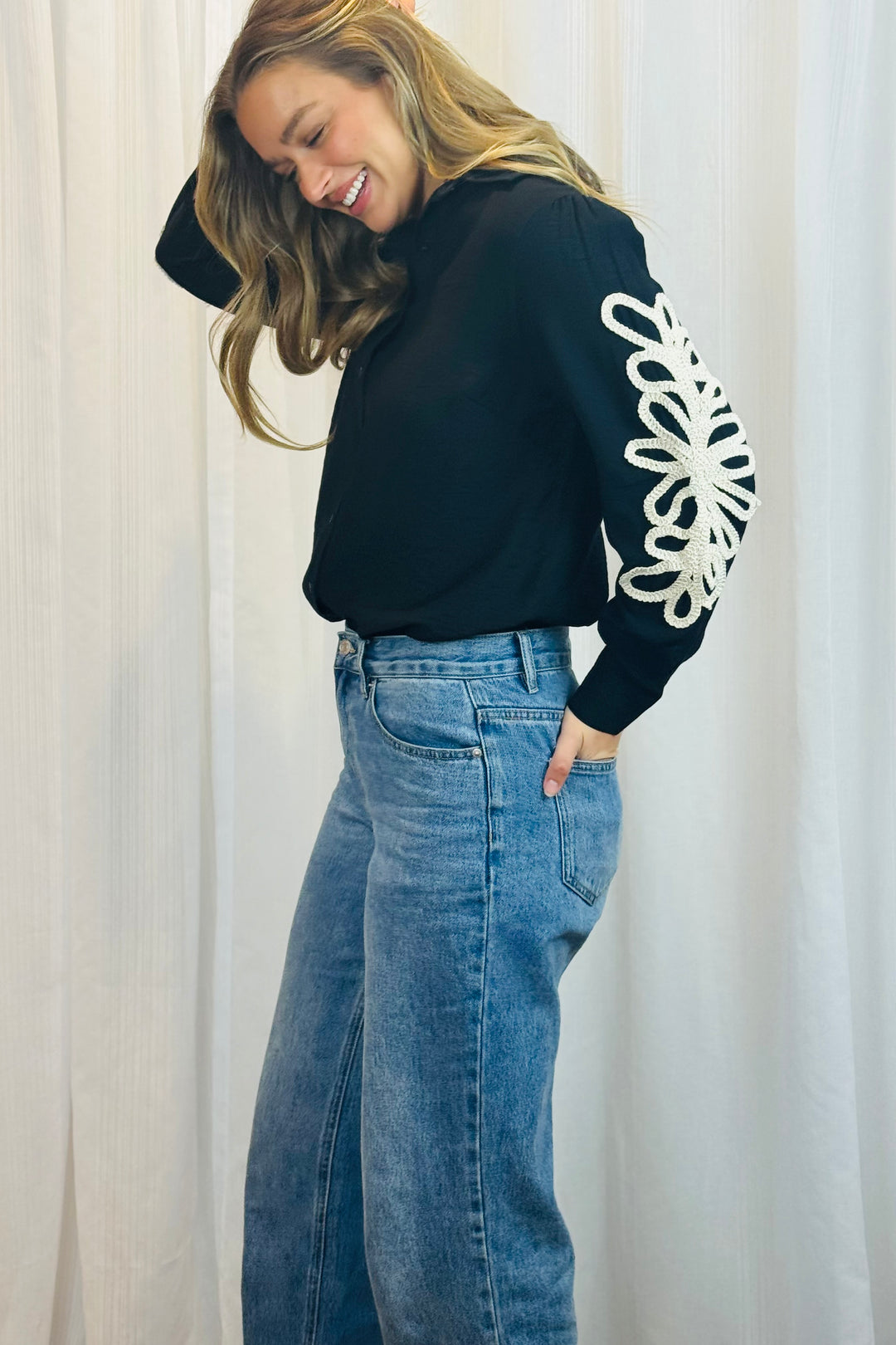 Valerie Black Shirt With Cream Embroidery