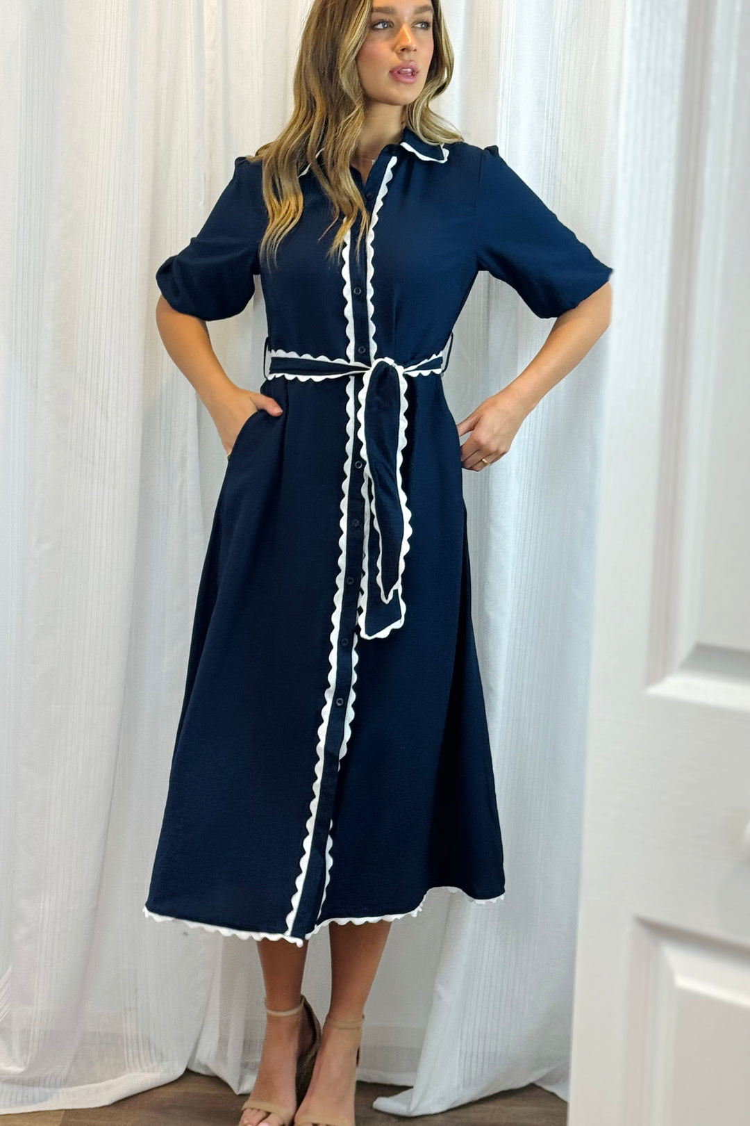 Shyla Dress in Navy with White Trimming