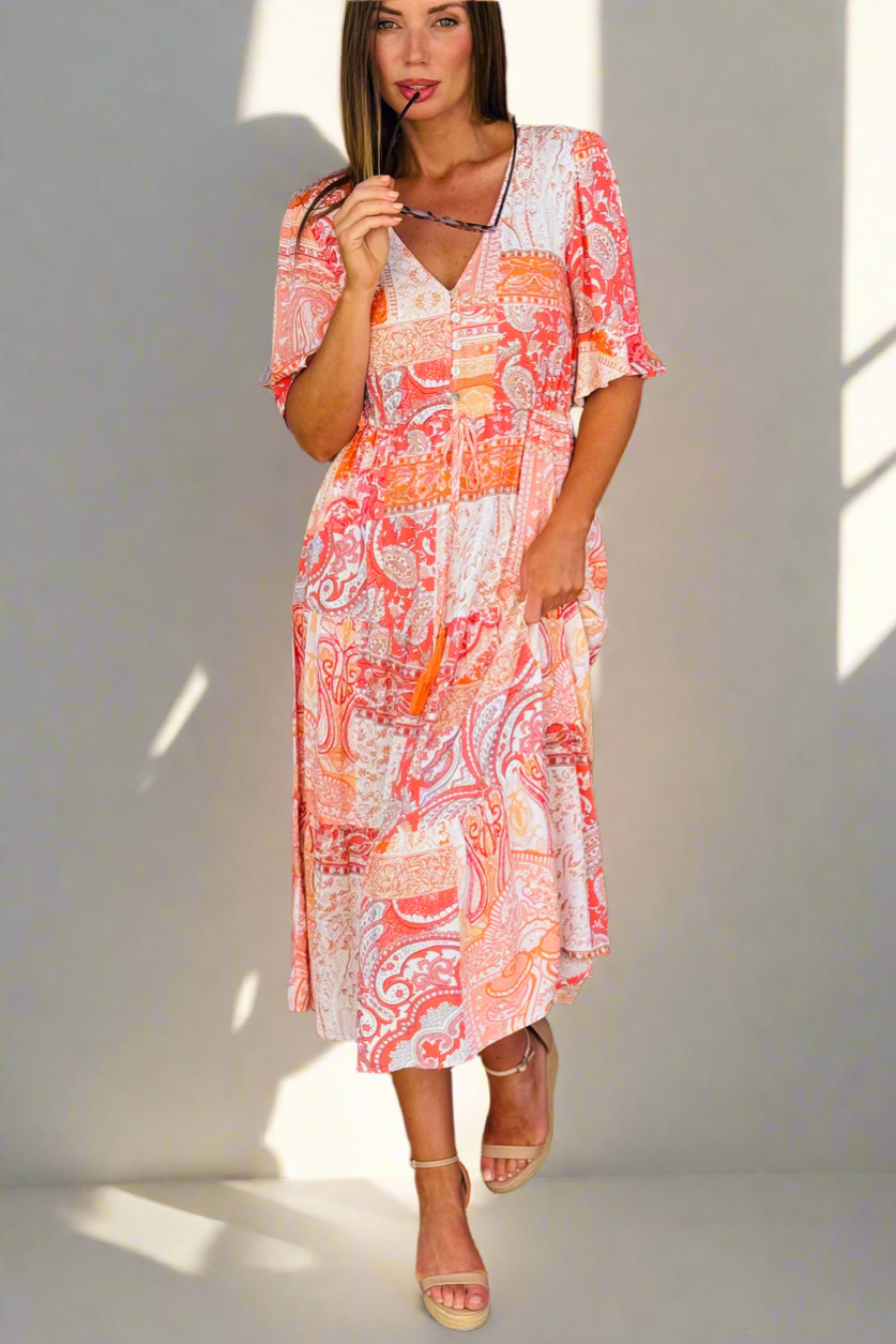 Diana Short Sleeve Orange Multi Print Drawstring Midi