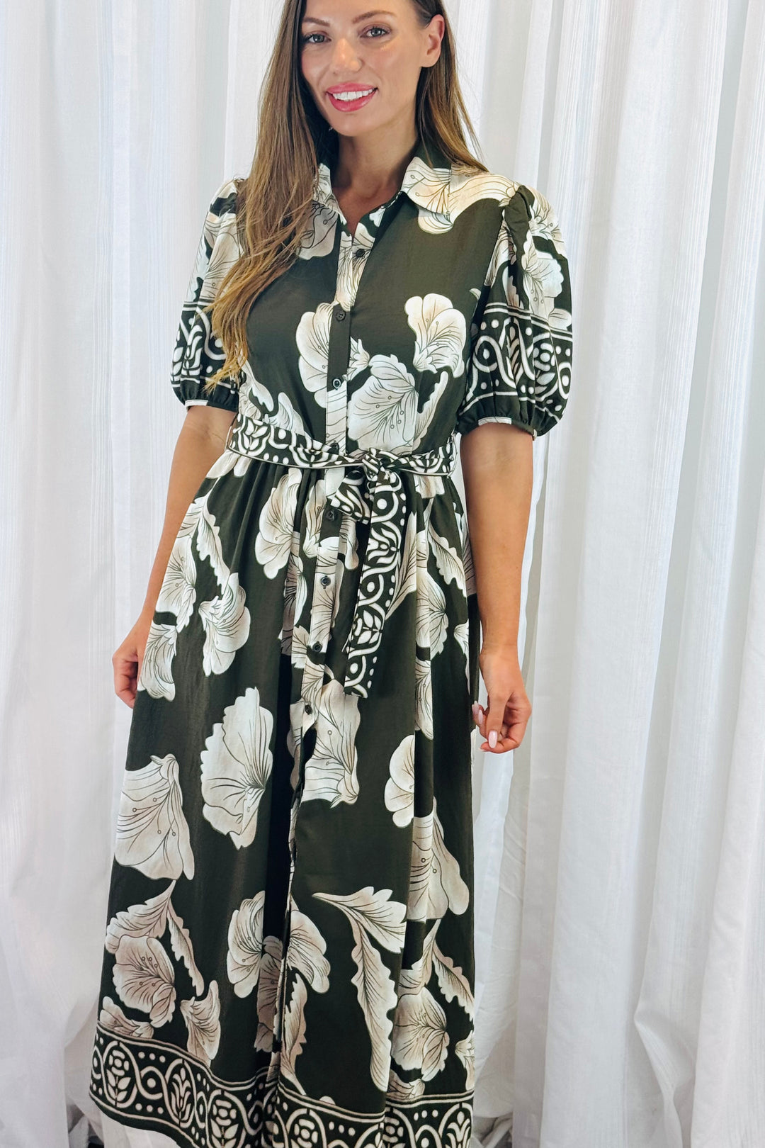 Pamela Multi Print Dress in Khaki