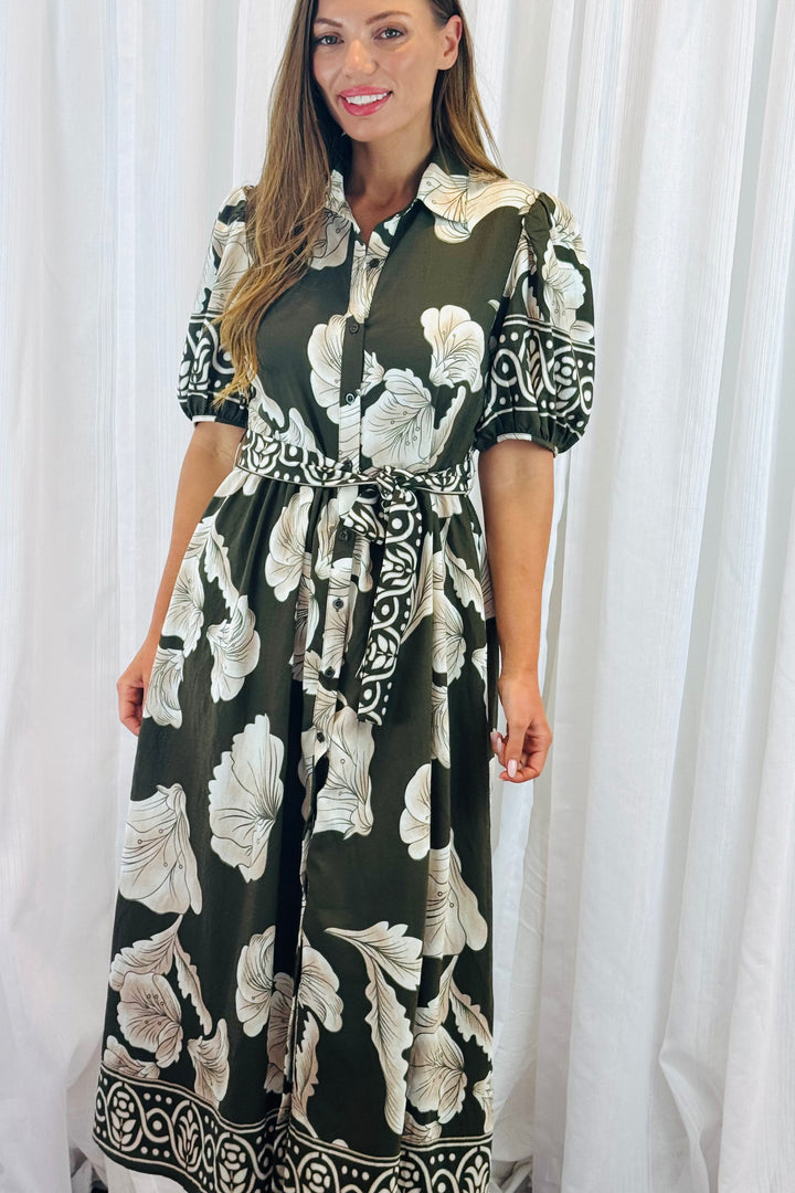 Pamela Multi Print Dress in Khaki