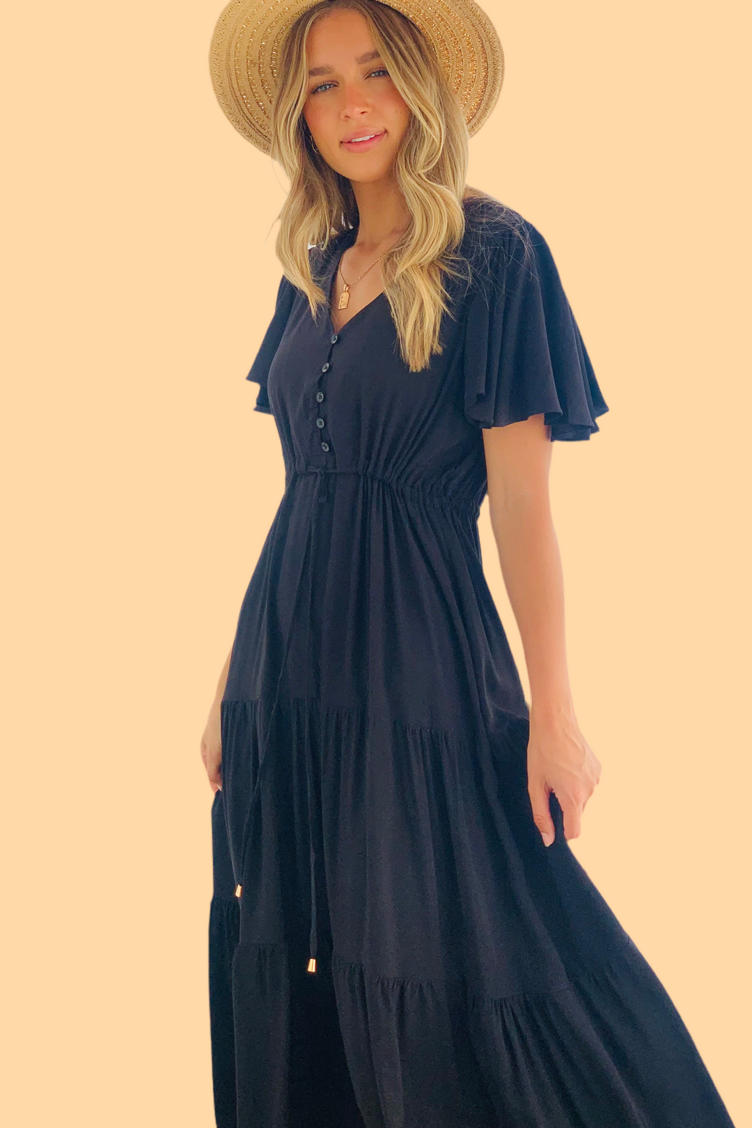 Santorini Short Sleeve Midi Dress in Black