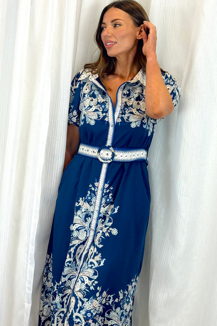 Lopez Embroidered Print Shirt Dress  In Navy