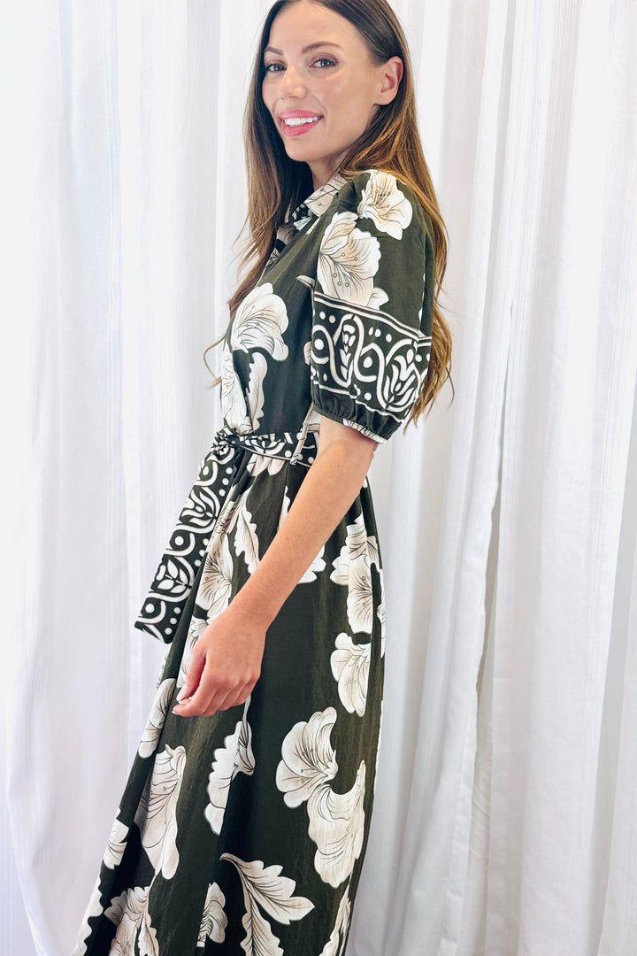 Pamela Multi Print Dress in Khaki