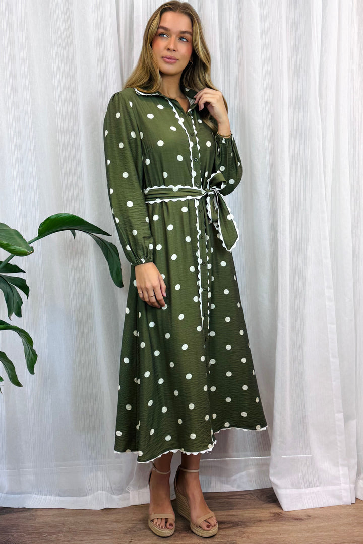 Shyla Long Sleeve Polka Dot Dress In Khaki