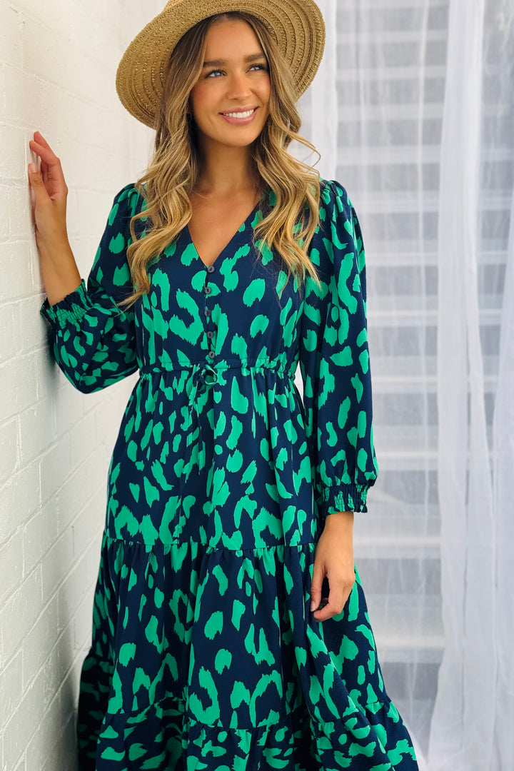 Molli Drawstring Midi Dress in Navy and Green Animal  Print