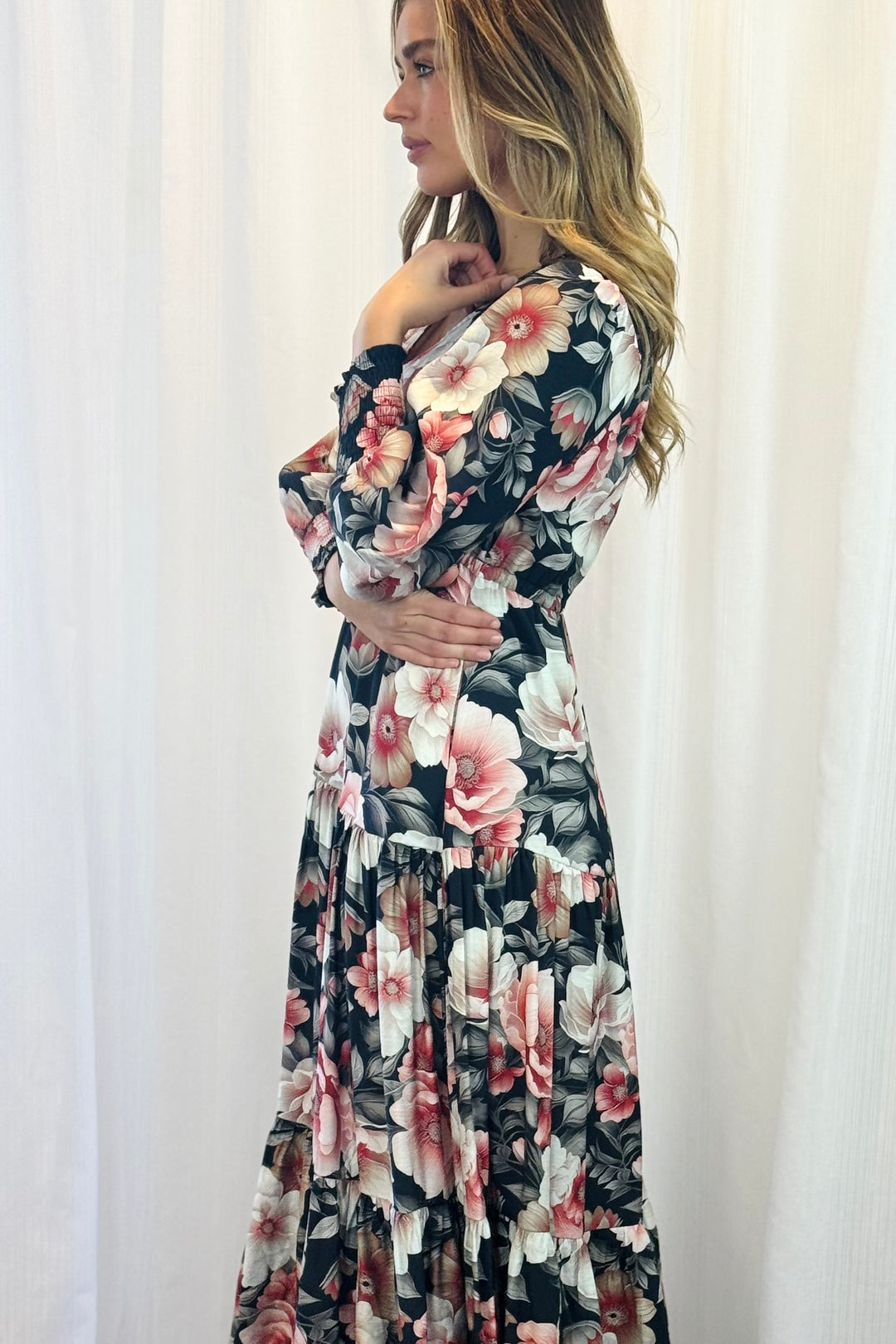 Yasmine Floral Drawstring Maxi Dress with Front Split