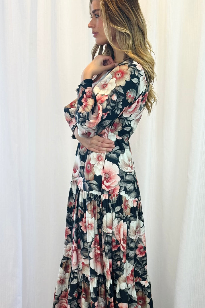 Yasmine Floral Drawstring Maxi Dress with Front Split