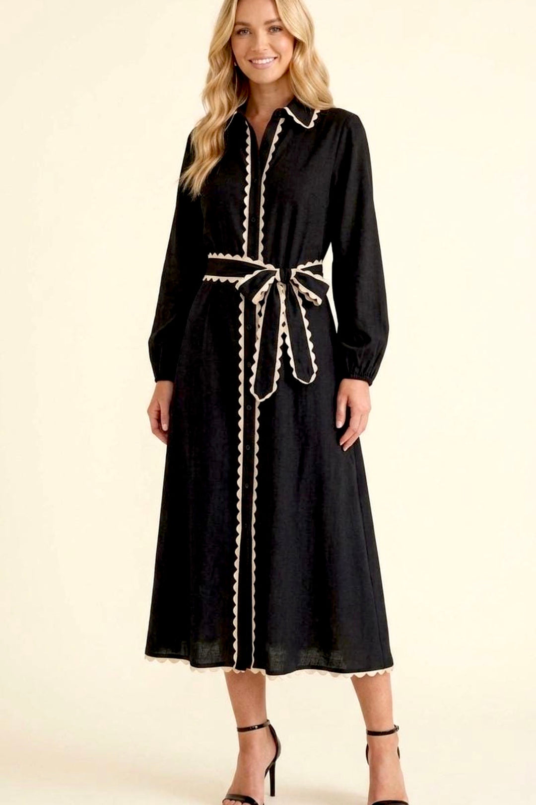 Shyla Long Sleeve Black Dress With Trim