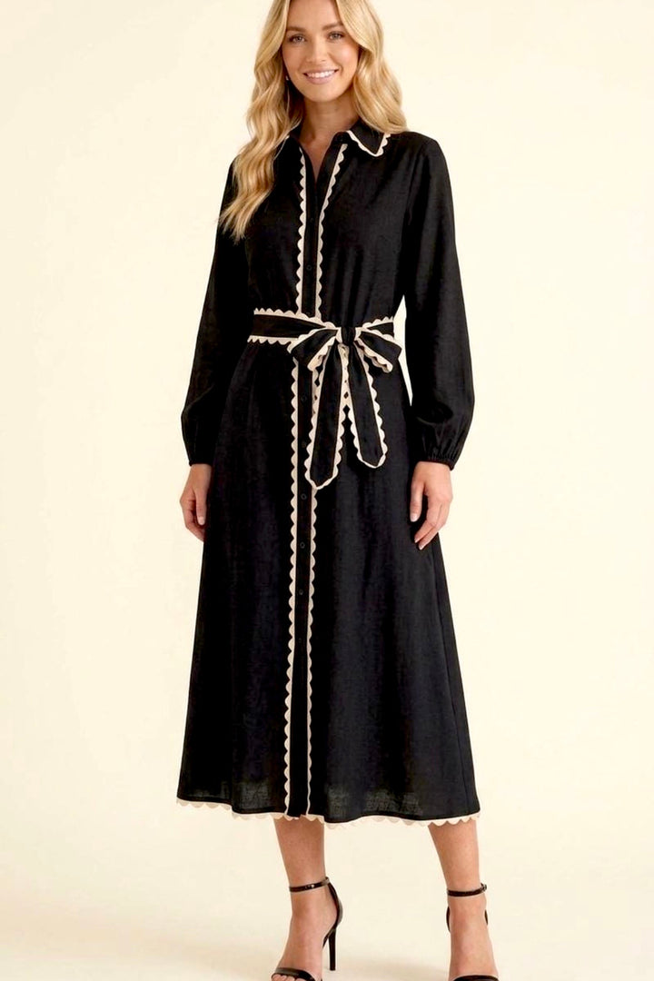 Shyla Long Sleeve Black Dress With Trim
