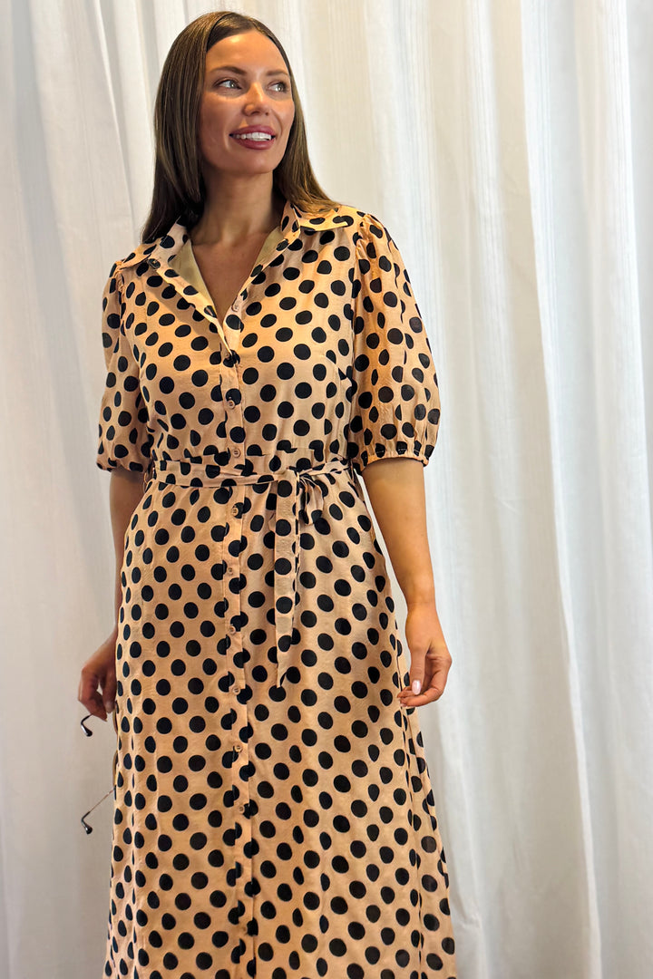 Fallon Polka Dot Shirt Dress in Tan