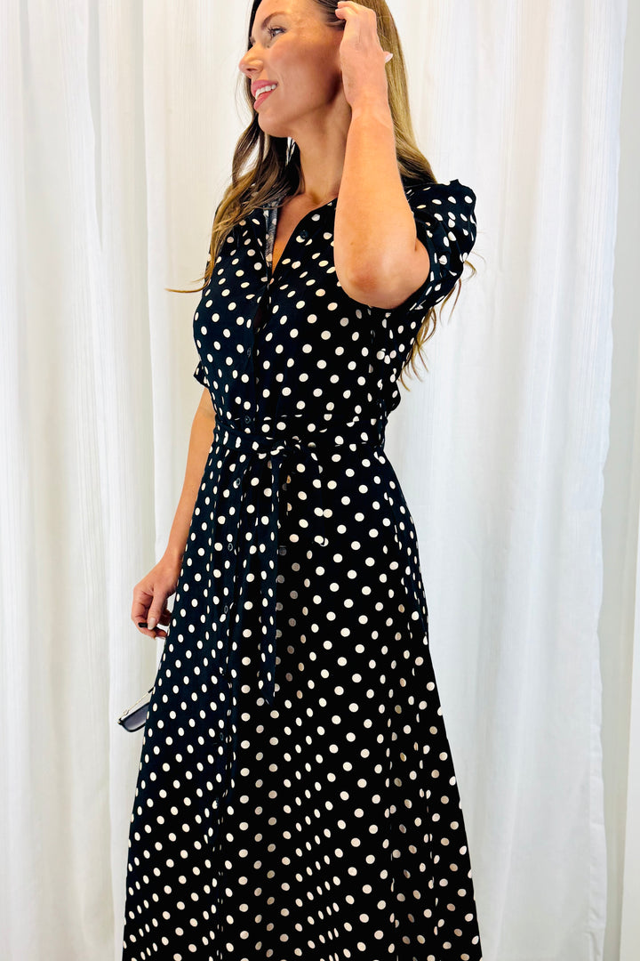 Tamika Black and Beige Polka Dot Dress