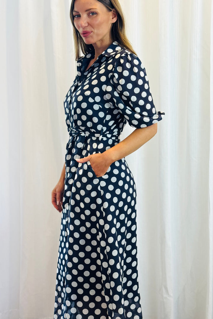 Fallon Shirt Dress In Navy and White Polka Dot-New Print