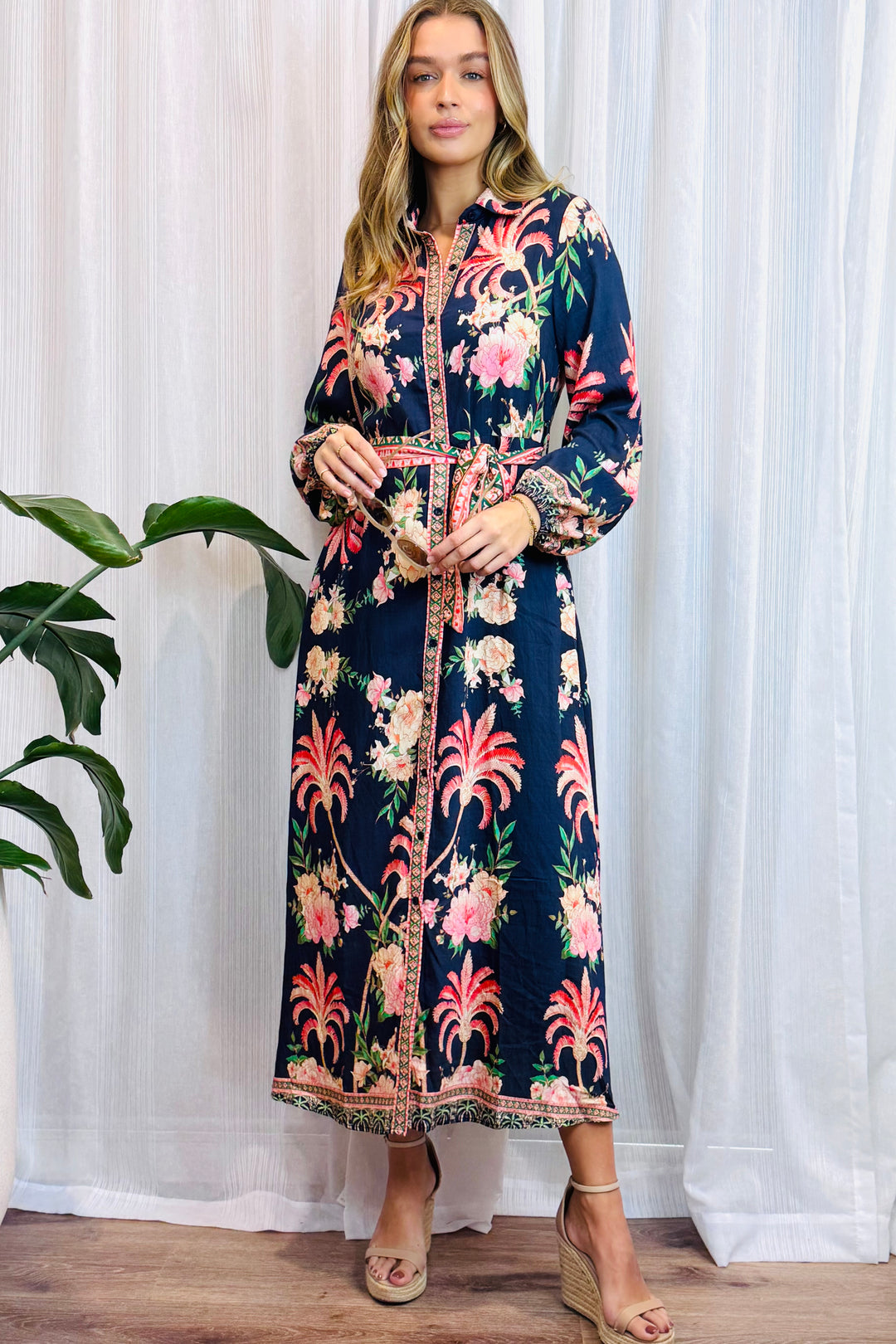 Maddison Long Sleeve Maxi Dress in Navy Print
