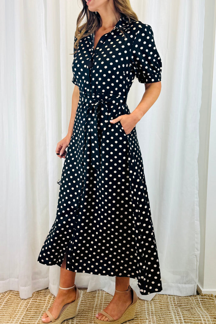 Tamika Black and Beige Polka Dot Dress