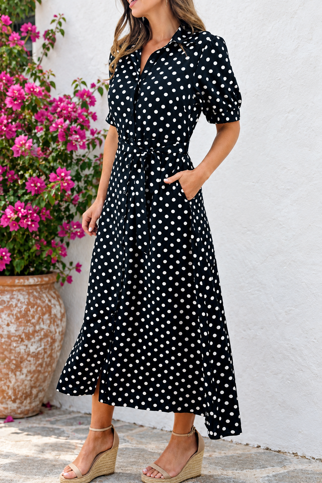 Tamika Black and Beige Polka Dot Dress