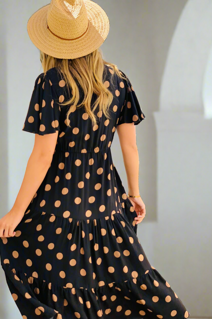 Molli Short Sleeve Polka Dot Dress In Black And Tan