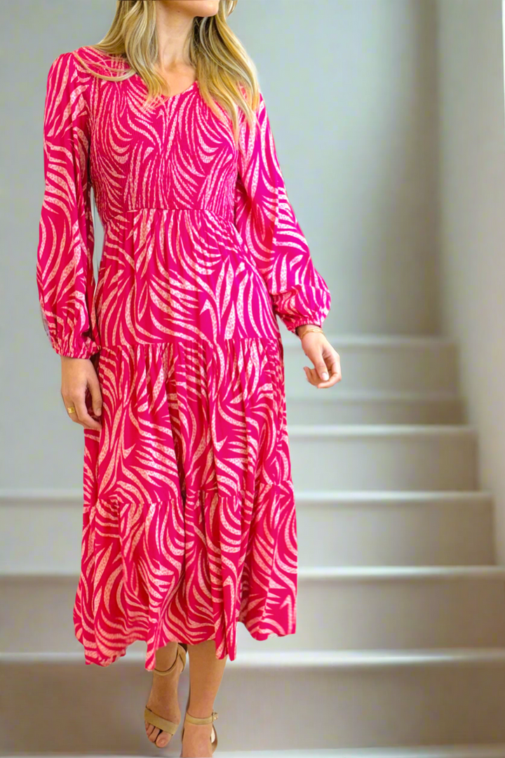 Mina Shirred Midi Dress In Hot Pink Print