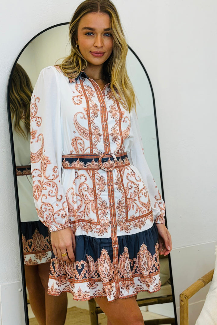 Bonnie Shirt Dress with Embroidery in White and Navy Print - Back in Stock